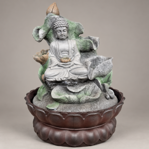 Buddha asztali szökőkút zöld levelekkel és barna lótusztállal