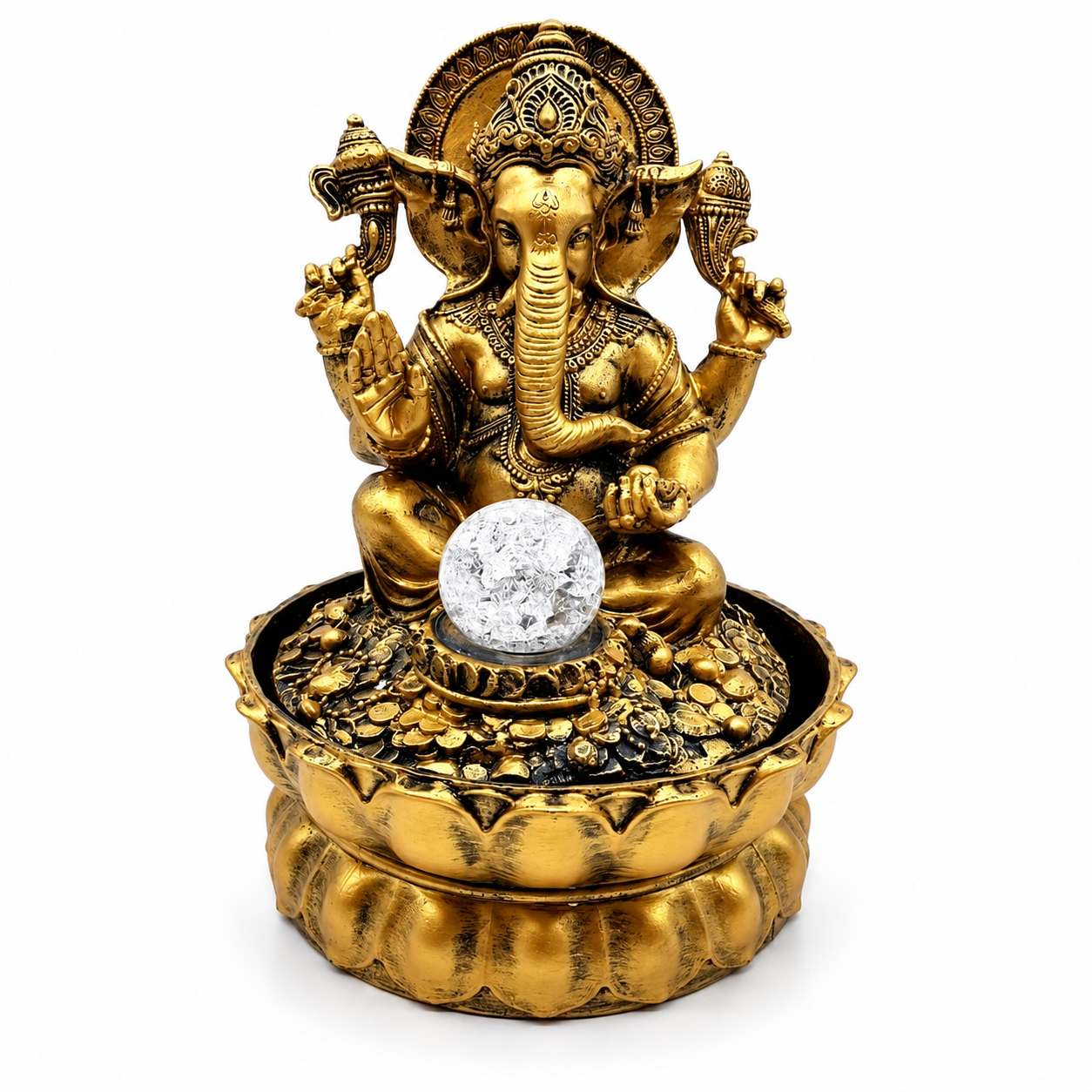 Arany Ganesh szökőkút üveggömbbel és LED világítással, 30 cm