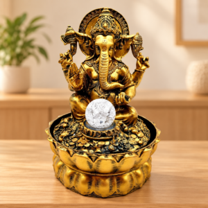 Arany Ganesh szökőkút üveggömbbel és LED világítással, 30 cm