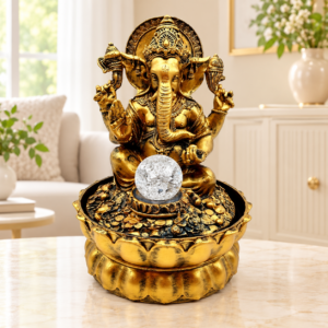 Arany Ganesh szökőkút üveggömbbel és LED világítással, 30 cm