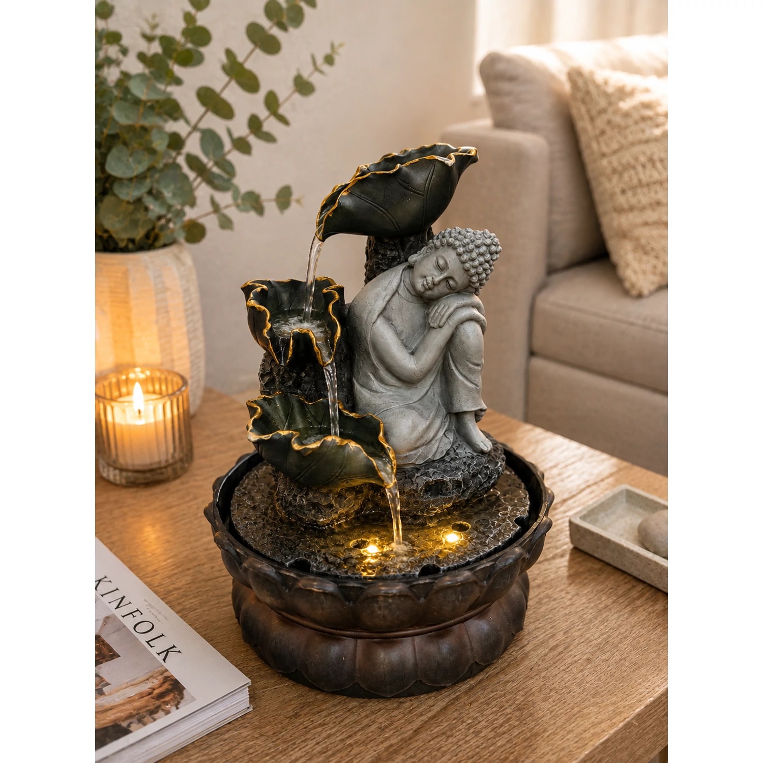 Pihenő Buddha beltéri szökőkút LED világítással