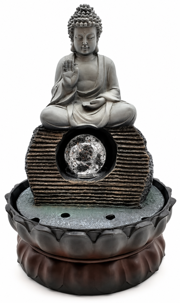 Ülő Buddha beltéri szökőkút dekoratív gömbbel, 28 cm