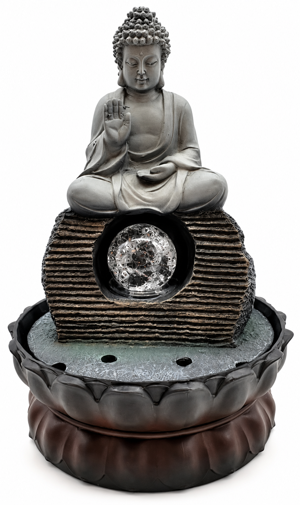 Ülő Buddha beltéri szökőkút dekoratív gömbbel, 28 cm