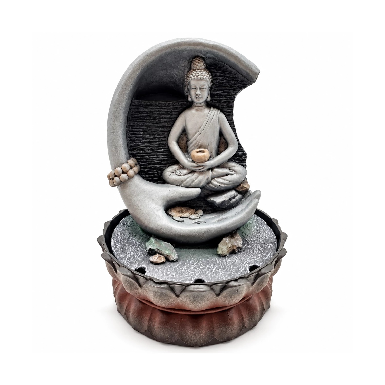 Meditáló Buddha kézben – LED-es beltéri szökőkút, 30 cm