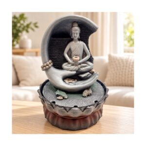 Meditáló Buddha kézben – LED-es beltéri szökőkút, 30 cm
