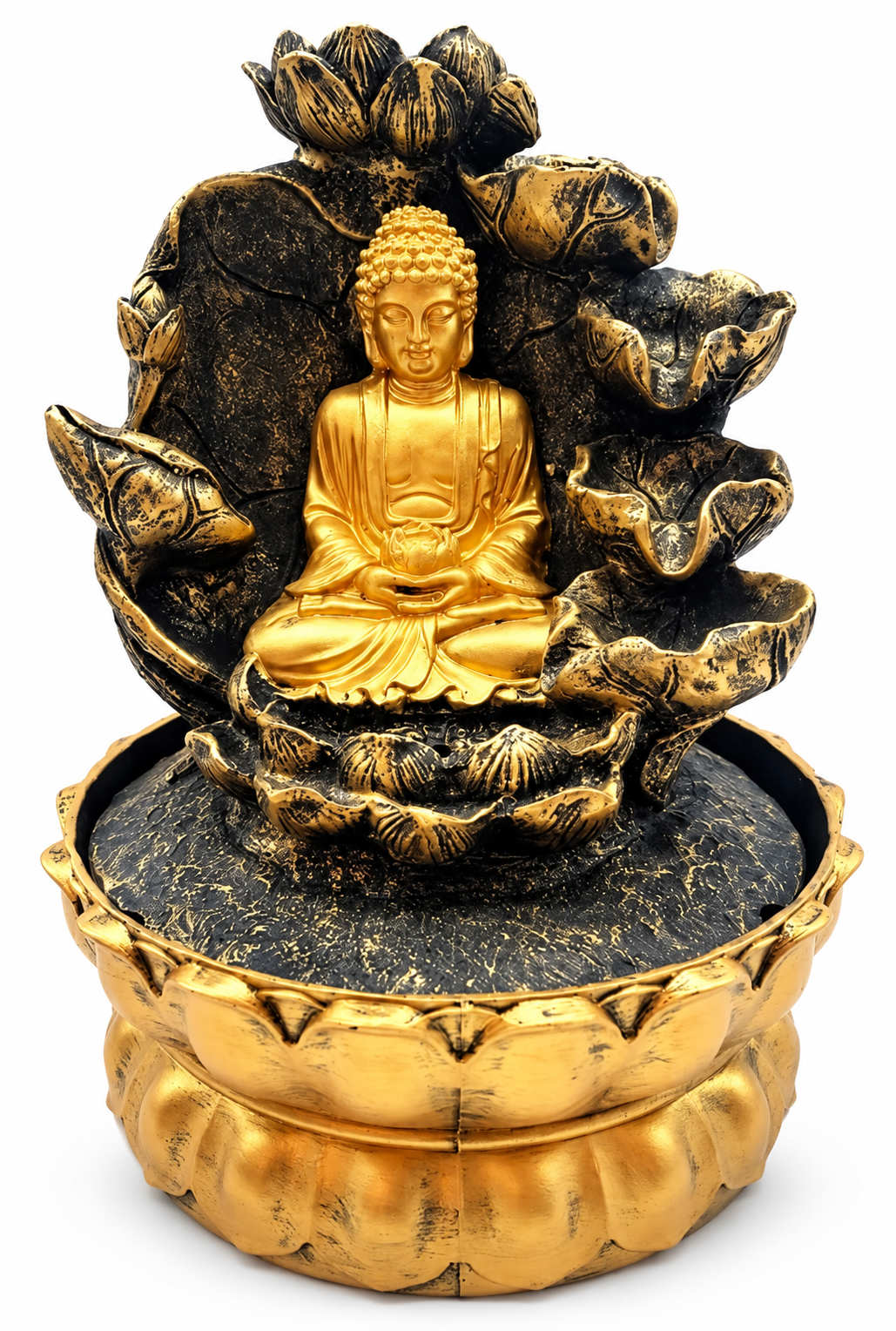 Arany Buddha beltéri szökőkút vízeséssel, 28 cm
