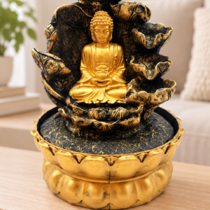Arany Buddha beltéri szökőkút vízeséssel, 28 cm