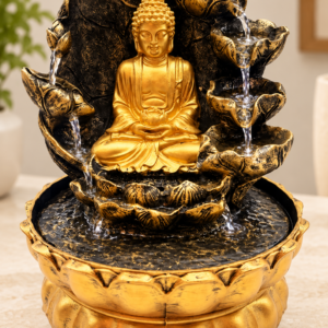 Arany Buddha beltéri szökőkút vízeséssel, 28 cm