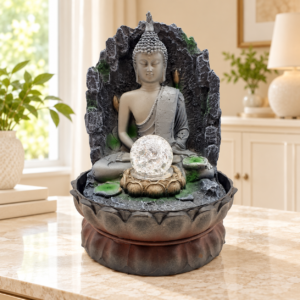 Thai Buddha beltéri szökőkút üveggömbbel, 29 cm