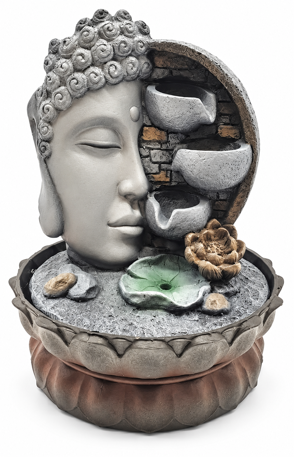 Buddha-fejes beltéri szökőkút LED-világítással, 29 cm