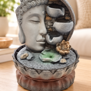 Buddha-fejes beltéri szökőkút LED-világítással, 29 cm