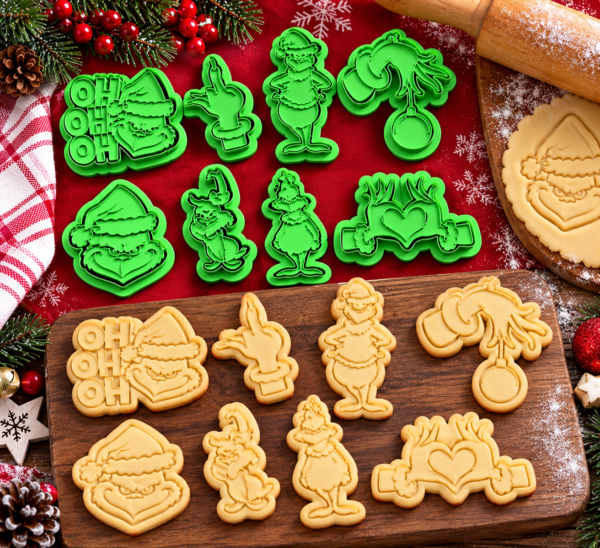 Grincs karácsonyi süteménykiszúró és mintázó szett – 3D nyomtatott, 8 darabos 🎄💚