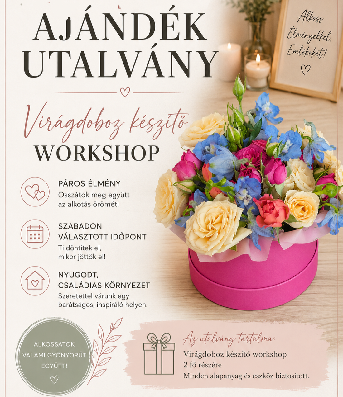 Páros ajándékutalvány – virágdoboz készítő workshop 2 fő részére élő virágokból – Foglaló