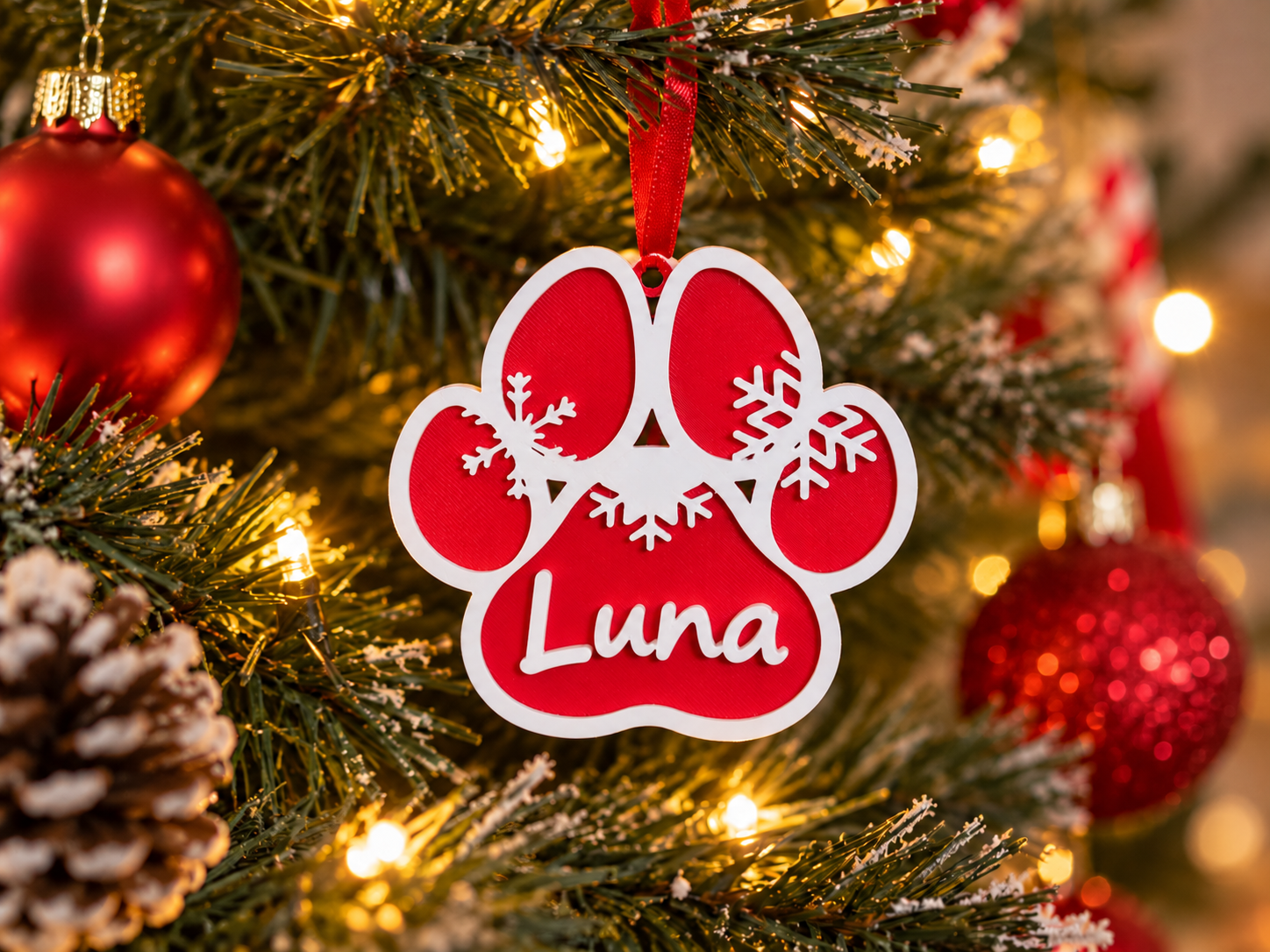 🎄 Egyedi, névre szóló 3D nyomtatott kutyás karácsonyfadísz – tappancs hópelyhekkel 🐾