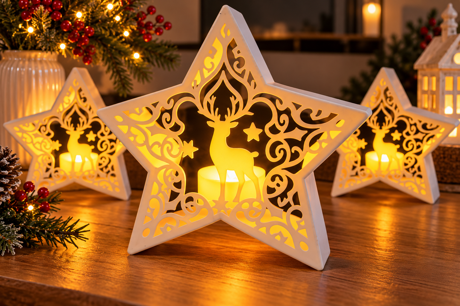 🎄 Karácsonyi Csillag Mécsestartó – Rénszarvasos Dekoráció ⭐🦌