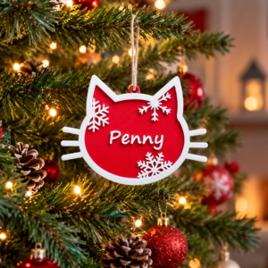 Egyedi, névre szóló cicás karácsonyfadísz – 3D nyomtatott, hópelyhes macskafej 🎄🐱❤️
