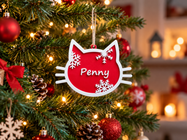 Egyedi, névre szóló cicás karácsonyfadísz – 3D nyomtatott, hópelyhes macskafej 🎄🐱❤️