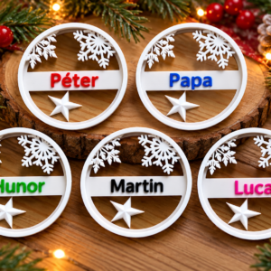 Személyre szabható, névre szóló karácsonyi gömbdísz – 3D nyomtatott, hópelyhes dekoráció 🎄❄️