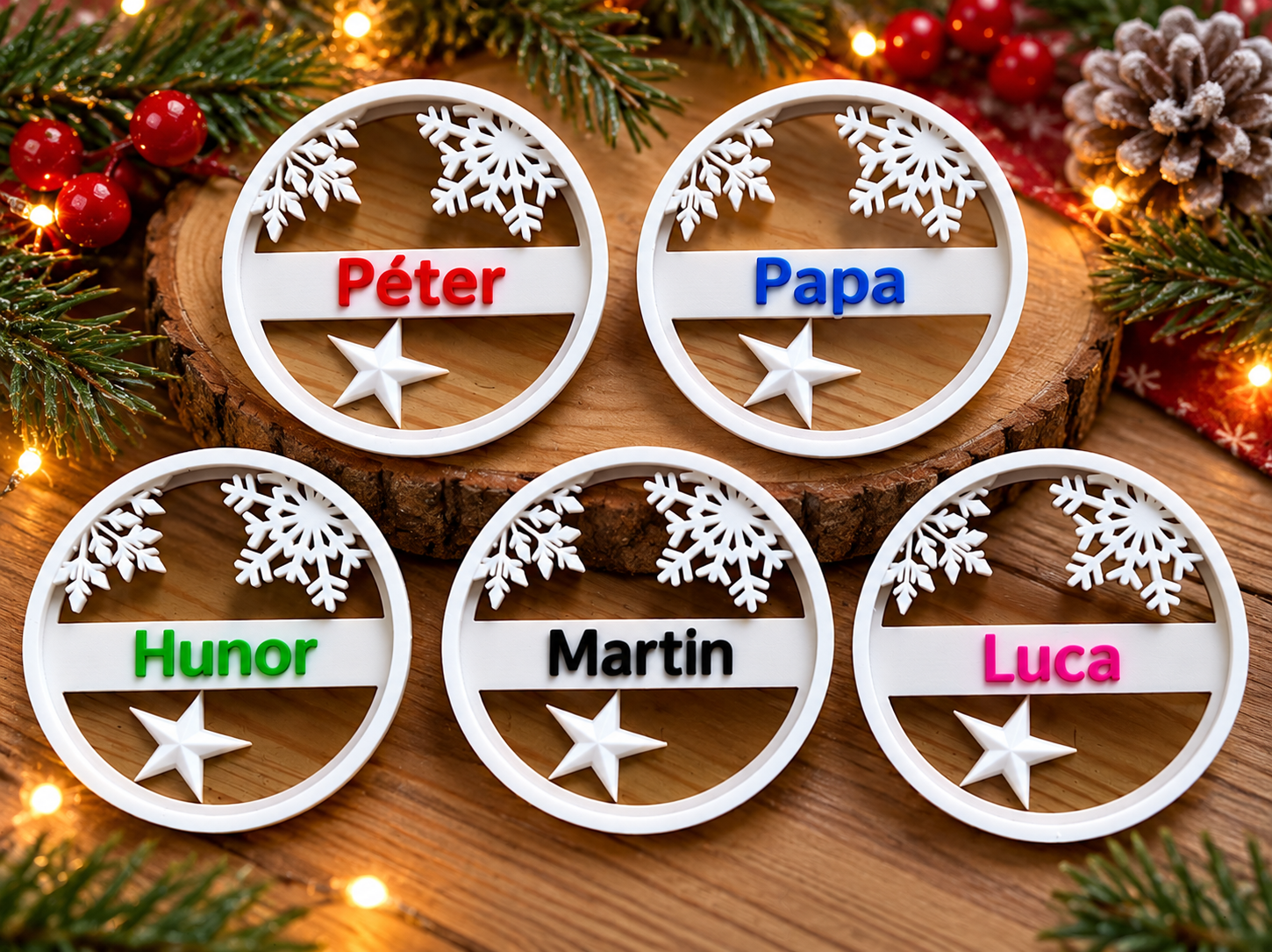 Személyre szabható, névre szóló karácsonyi gömbdísz – 3D nyomtatott, hópelyhes dekoráció 🎄❄️