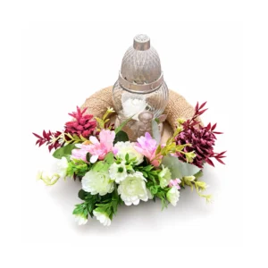 Rózsaszín-fehér sírdísz mécsessel, angyalkával és festett tobozokkal – 35 cm