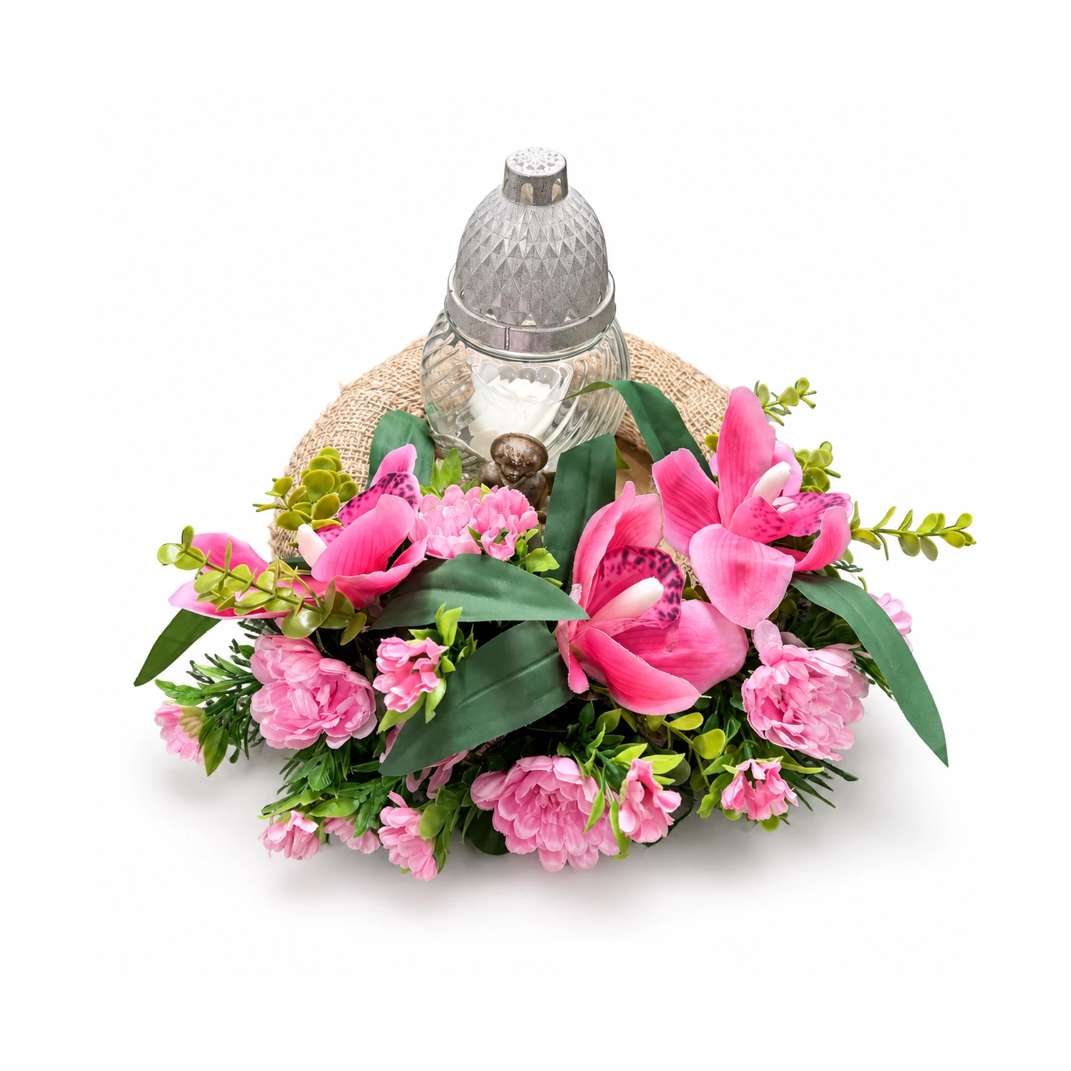 Rózsaszín orchideás sírdísz mécsessel és angyalkával – 35 cm