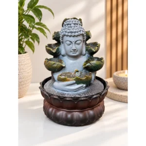 Buddha beltéri szökőkút – lótuszleveles vízesés LED világítással