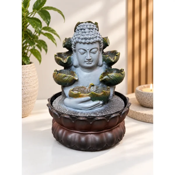 Buddha beltéri szökőkút – lótuszleveles vízesés LED világítással