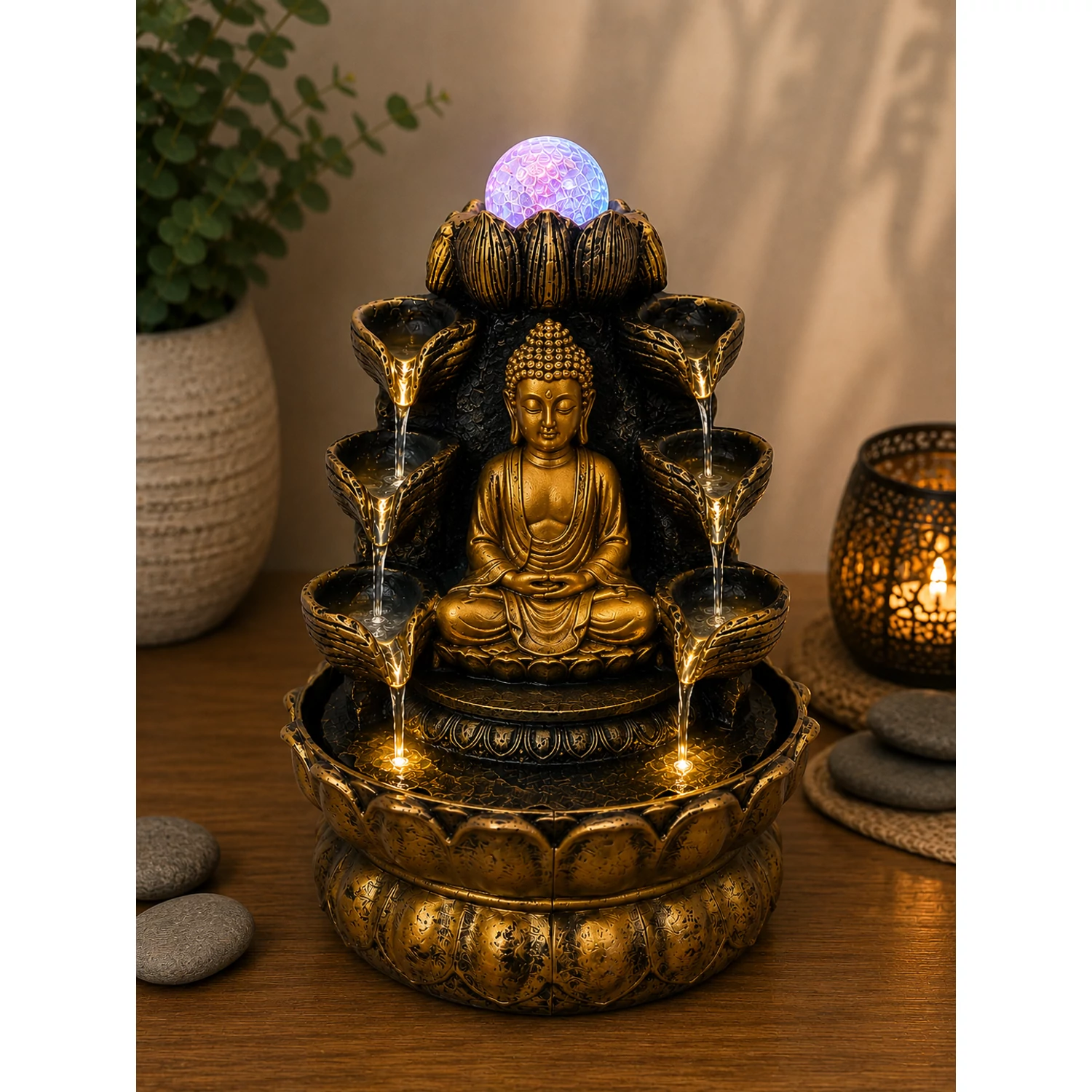 Buddha asztali szökőkút LED világítással