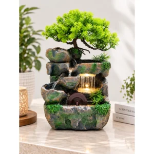 Bonsai vízesés szökőkút LED világítással és vízikerékkel