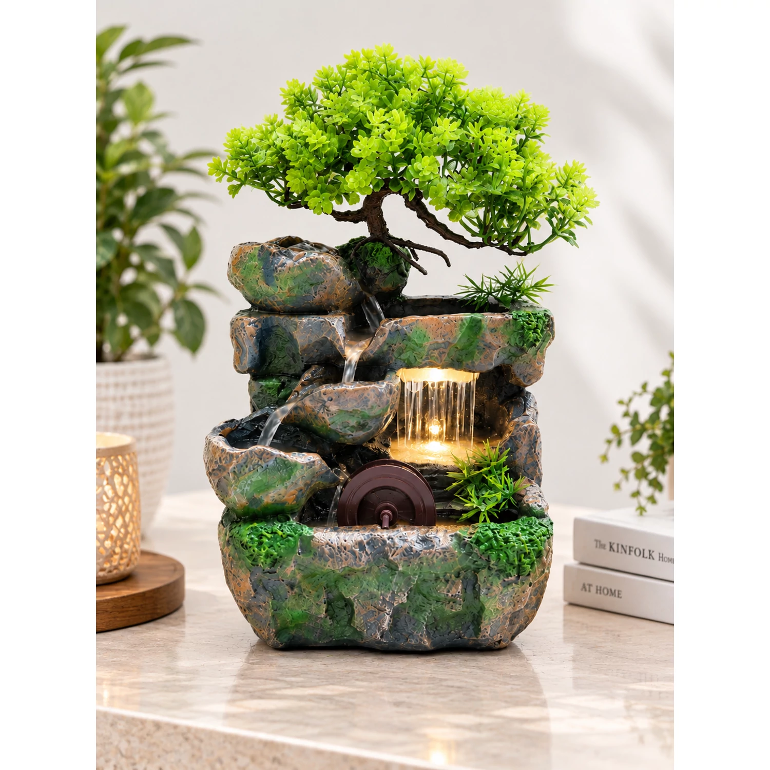 Bonsai vízesés szökőkút LED világítással és vízikerékkel