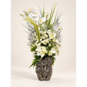 Fehér orchideás örök virágkompozíció antikolt női fej kaspóban – 80 × 35 cm