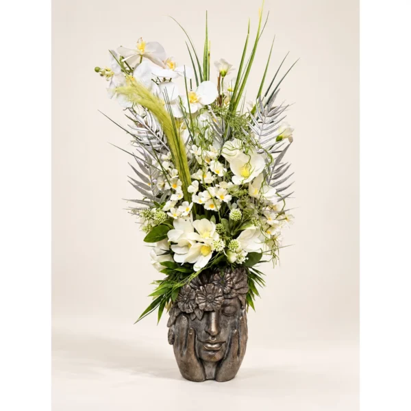Fehér orchideás örök virágkompozíció antikolt női fej kaspóban – 80 × 35 cm