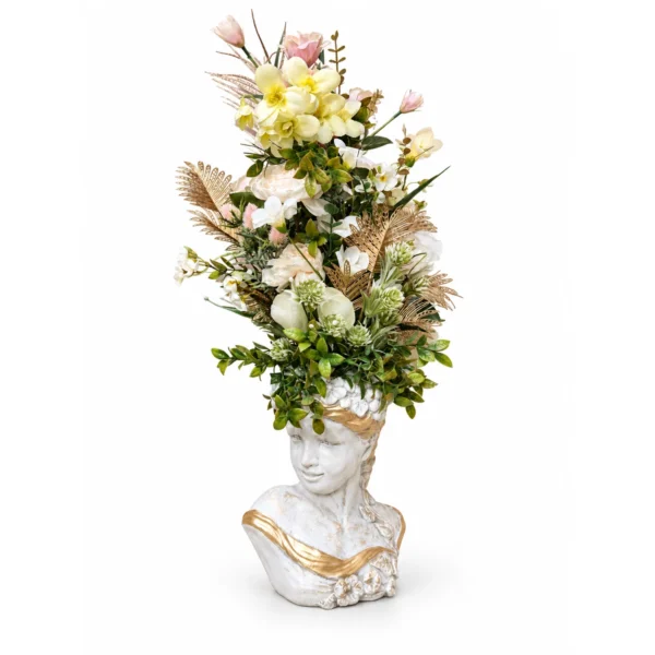 Arany–krém örök virágkompozíció női fej kaspóban – 90 × 40 cm