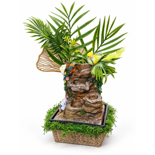 Madaras asztali szökőkút aranylevéllel, mohás kosárban – 35 × 25 cm