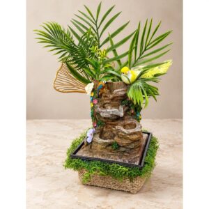 Madaras asztali szökőkút aranylevéllel, mohás kosárban – 35 × 25 cm
