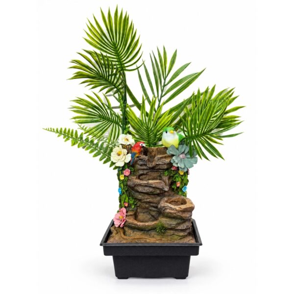 Madaras asztali szökőkút örök pálmalevelekkel – 35 × 25 cm