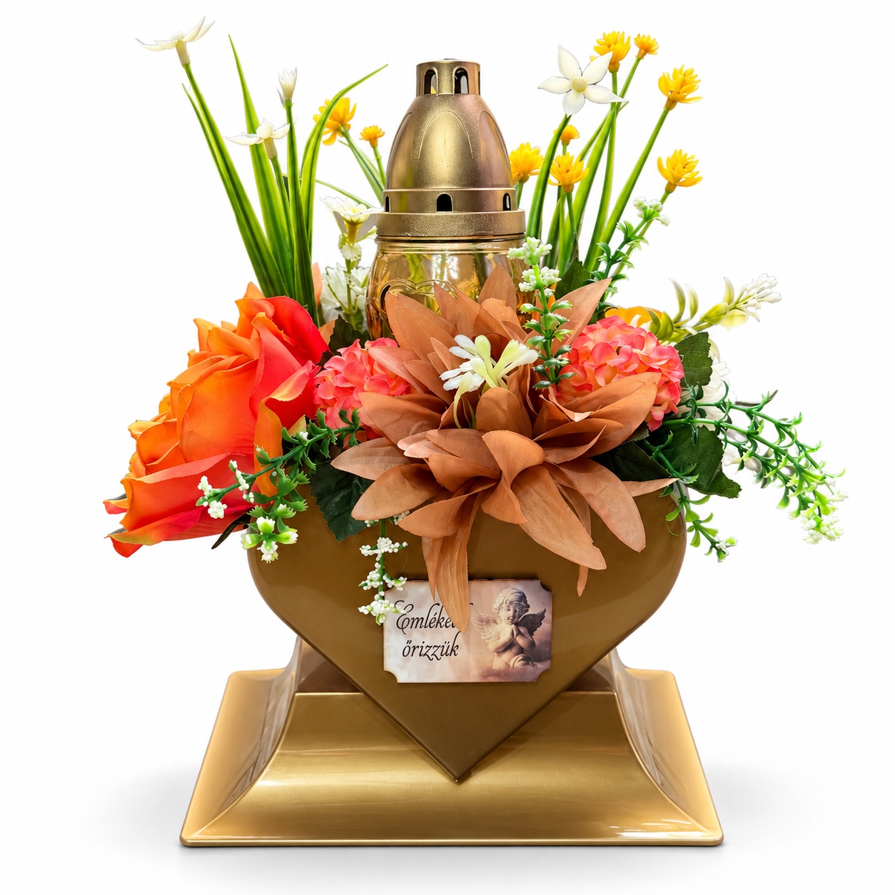 Narancs–barna sírdísz arany mécsessel szívben – Emléked őrizzük – 40 × 30 cm
