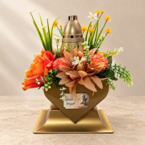 Narancs–barna sírdísz arany mécsessel szívben – Emléked őrizzük – 40 × 30 cm