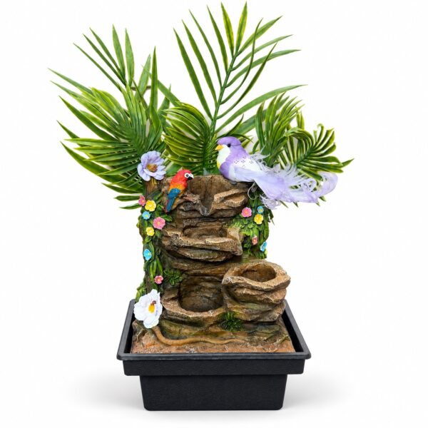 Madaras asztali szökőkút lila madárral és örök pálmalevelekkel – 35 × 25 cm