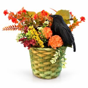 Őszi Halloween virágkosár fekete hollóval – kb. 30 × 30 cm